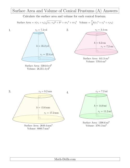The Volume and Surface Area of Conical Frustums (One Decimal Place) (A) Math Worksheet Page 2