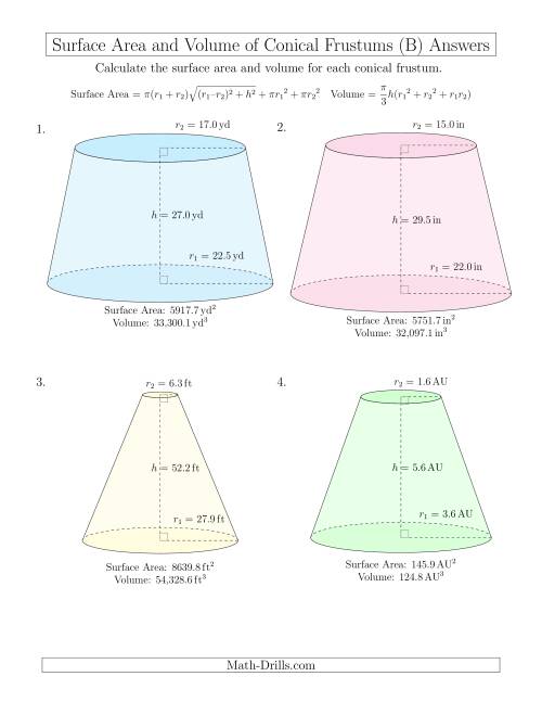 The Volume and Surface Area of Conical Frustums (One Decimal Place) (B) Math Worksheet Page 2