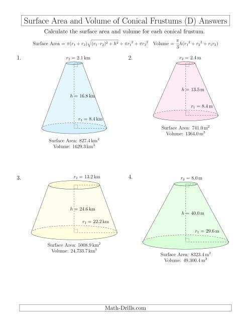 The Volume and Surface Area of Conical Frustums (One Decimal Place) (D) Math Worksheet Page 2