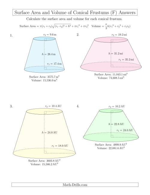 The Volume and Surface Area of Conical Frustums (One Decimal Place) (F) Math Worksheet Page 2