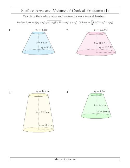 The Volume and Surface Area of Conical Frustums (One Decimal Place) (I) Math Worksheet