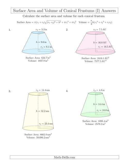The Volume and Surface Area of Conical Frustums (One Decimal Place) (I) Math Worksheet Page 2