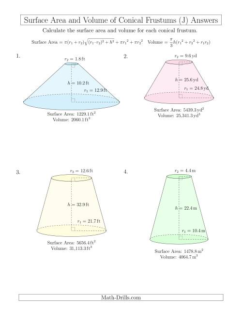 The Volume and Surface Area of Conical Frustums (One Decimal Place) (J) Math Worksheet Page 2