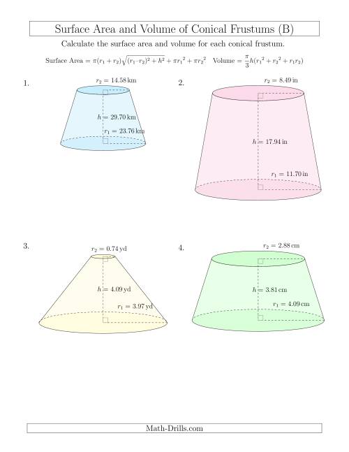 The Volume and Surface Area of Conical Frustums (Two Decimal Places) (B) Math Worksheet