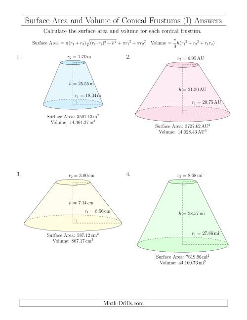 The Volume and Surface Area of Conical Frustums (Two Decimal Places) (I) Math Worksheet Page 2