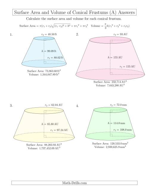 The Volume and Surface Area of Conical Frustums (Large Input Values) (A) Math Worksheet Page 2