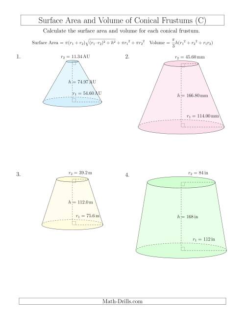 The Volume and Surface Area of Conical Frustums (Large Input Values) (C) Math Worksheet