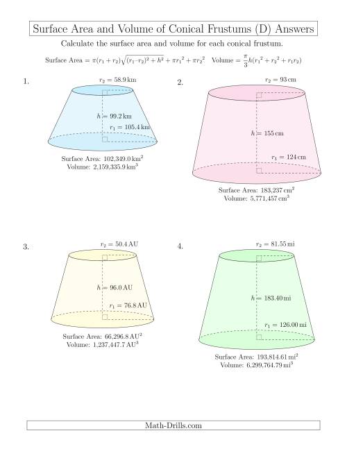 The Volume and Surface Area of Conical Frustums (Large Input Values) (D) Math Worksheet Page 2