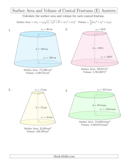The Volume and Surface Area of Conical Frustums (Large Input Values) (E) Math Worksheet Page 2
