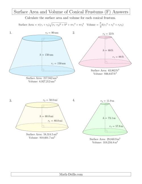 The Volume and Surface Area of Conical Frustums (Large Input Values) (F) Math Worksheet Page 2