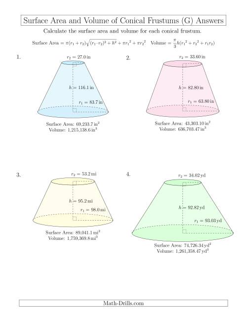 The Volume and Surface Area of Conical Frustums (Large Input Values) (G) Math Worksheet Page 2