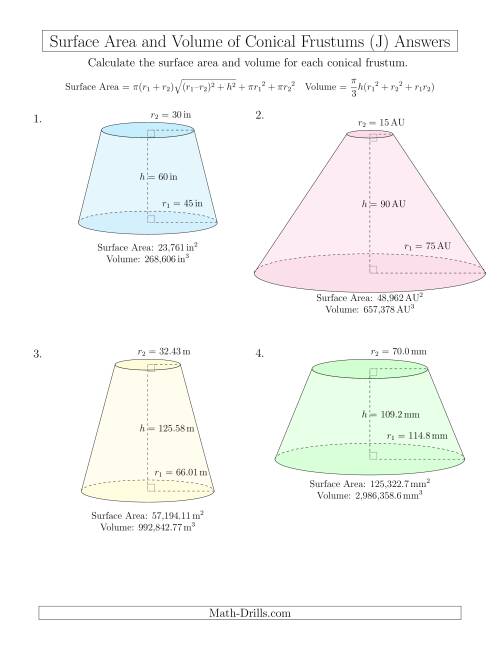 The Volume and Surface Area of Conical Frustums (Large Input Values) (J) Math Worksheet Page 2
