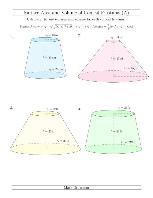 The Volume and Surface Area of Conical Frustums (Whole Numbers) (A) Math Worksheet