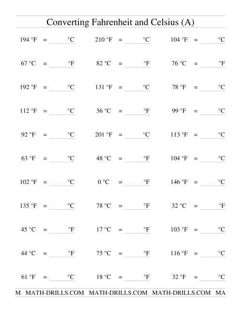 The Converting Between Celsius and Fahrenheit (no Negatives) (A) Math Worksheet