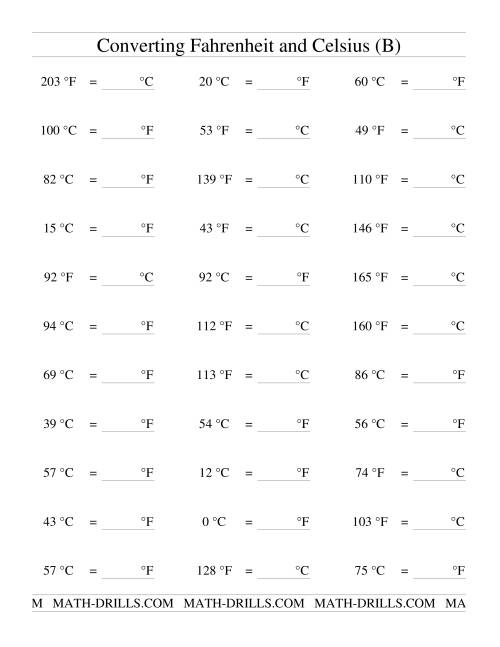 The Converting Between Celsius and Fahrenheit (no Negatives) (B) Math Worksheet