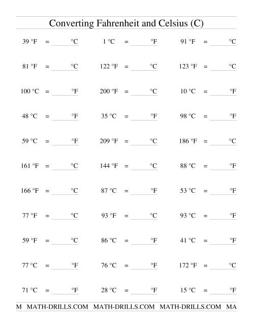 The Converting Between Celsius and Fahrenheit (no Negatives) (C) Math Worksheet