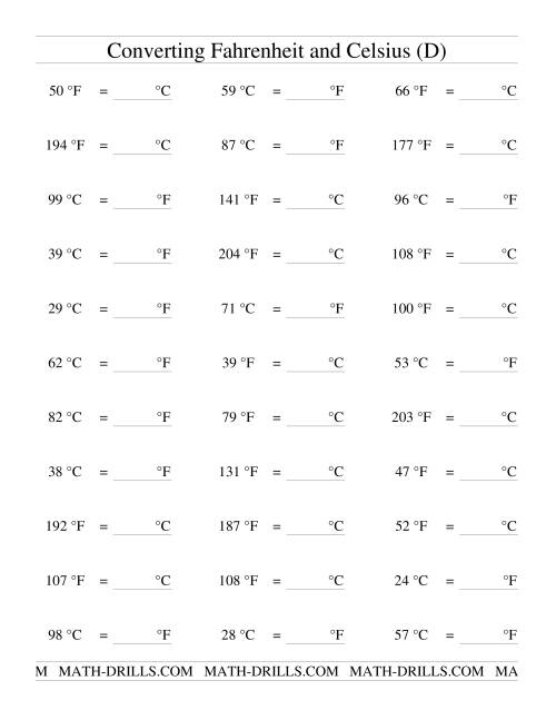 The Converting Between Celsius and Fahrenheit (no Negatives) (D) Math Worksheet