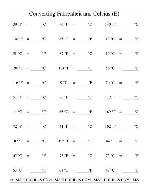The Converting Between Celsius and Fahrenheit (no Negatives) (E) Math Worksheet