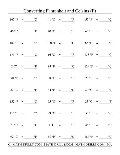 The Converting Between Celsius and Fahrenheit (no Negatives) (F) Math Worksheet
