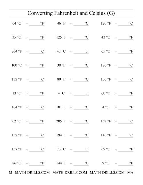 The Converting Between Celsius and Fahrenheit (no Negatives) (G) Math Worksheet