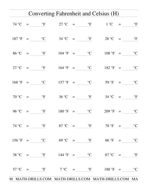 The Converting Between Celsius and Fahrenheit (no Negatives) (H) Math Worksheet
