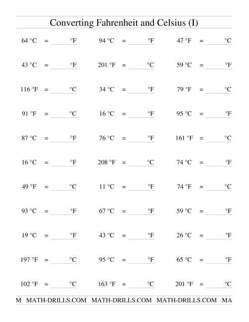 The Converting Between Celsius and Fahrenheit (no Negatives) (I) Math Worksheet