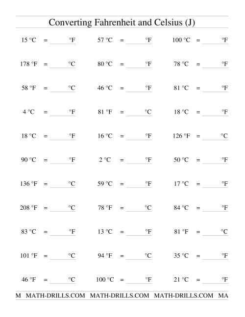 The Converting Between Celsius and Fahrenheit (no Negatives) (J) Math Worksheet