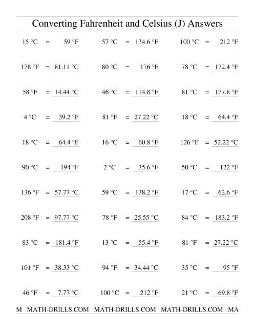 The Converting Between Celsius and Fahrenheit (no Negatives) (J) Math Worksheet Page 2