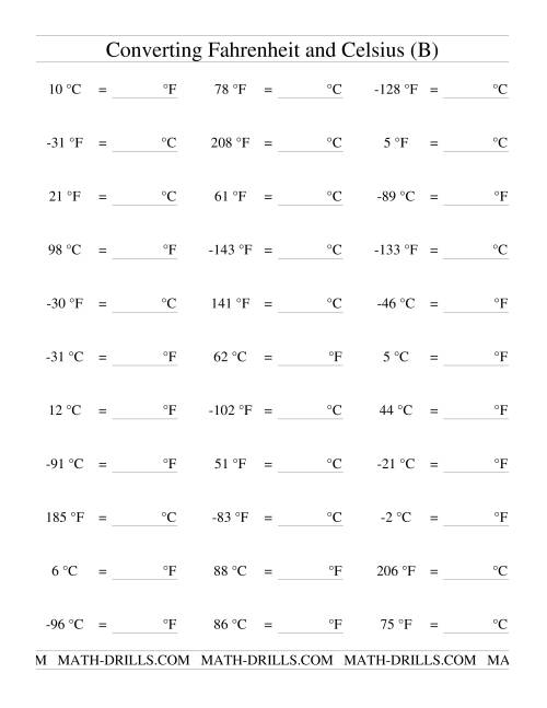 The Converting Between Celsius and Fahrenheit (Including Negatives) (B) Math Worksheet