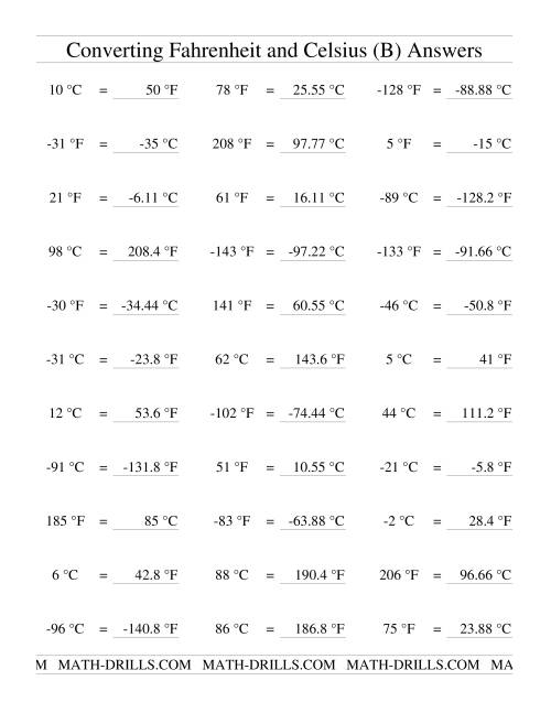 The Converting Between Celsius and Fahrenheit (Including Negatives) (B) Math Worksheet Page 2