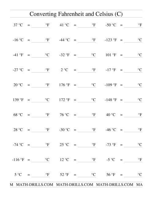 The Converting Between Celsius and Fahrenheit (Including Negatives) (C) Math Worksheet