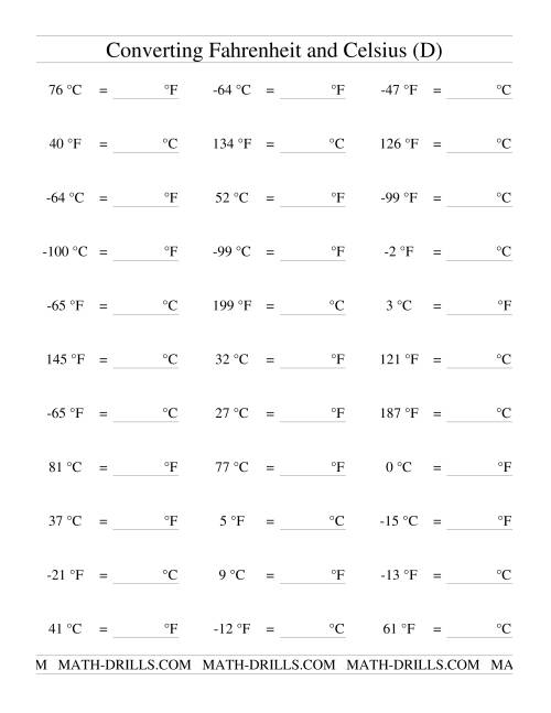 The Converting Between Celsius and Fahrenheit (Including Negatives) (D) Math Worksheet