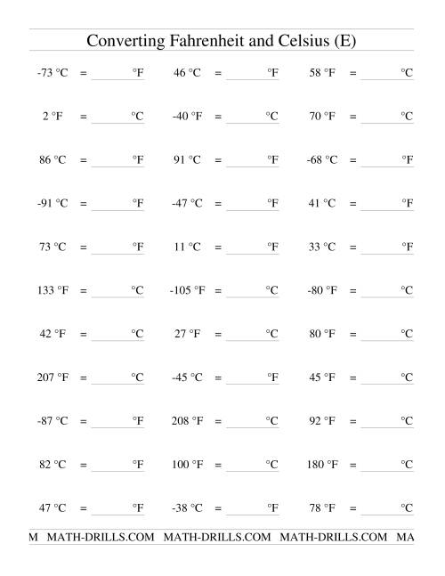 The Converting Between Celsius and Fahrenheit (Including Negatives) (E) Math Worksheet