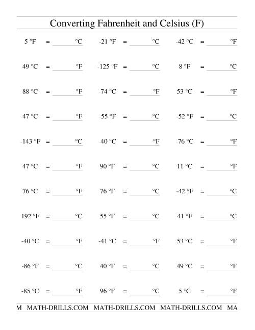 The Converting Between Celsius and Fahrenheit (Including Negatives) (F) Math Worksheet