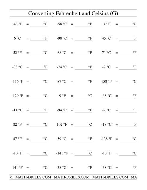 The Converting Between Celsius and Fahrenheit (Including Negatives) (G) Math Worksheet