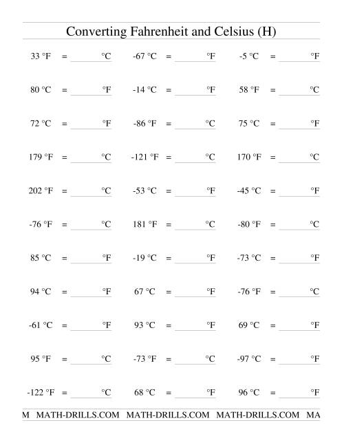 The Converting Between Celsius and Fahrenheit (Including Negatives) (H) Math Worksheet