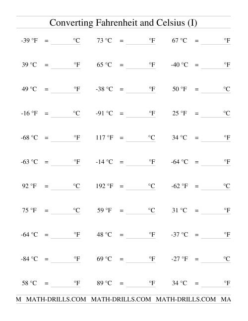 The Converting Between Celsius and Fahrenheit (Including Negatives) (I) Math Worksheet