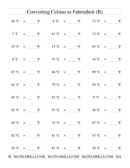 The Converting From Celsius to Fahrenheit (B) Math Worksheet