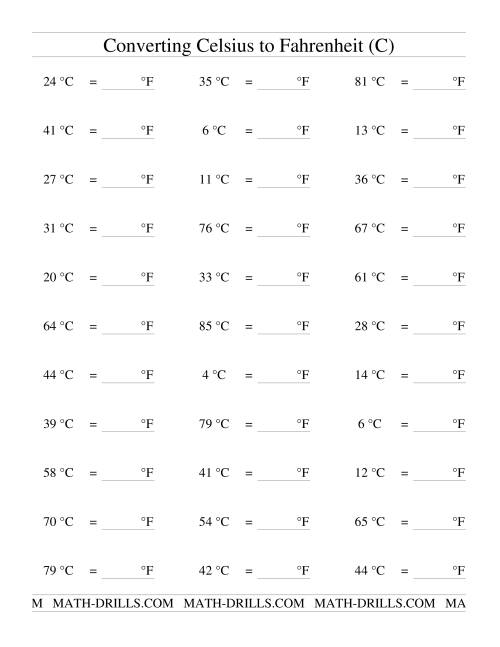 The Converting From Celsius to Fahrenheit (C) Math Worksheet