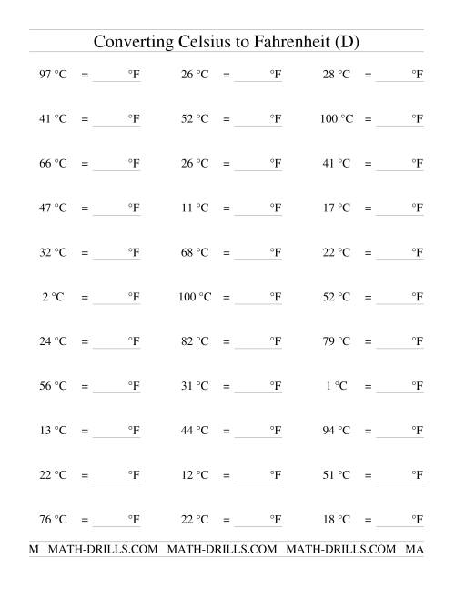 The Converting From Celsius to Fahrenheit (D) Math Worksheet