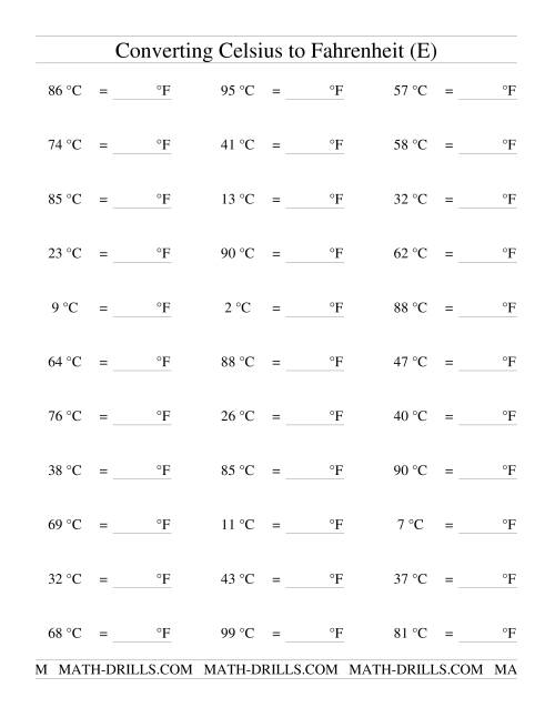 The Converting From Celsius to Fahrenheit (E) Math Worksheet