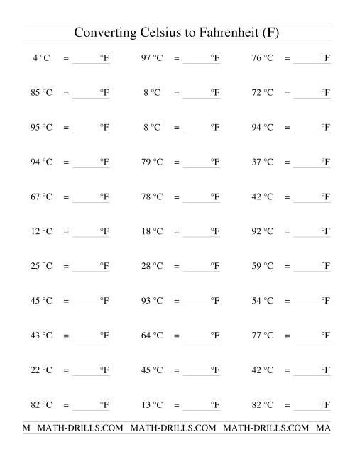 The Converting From Celsius to Fahrenheit (F) Math Worksheet