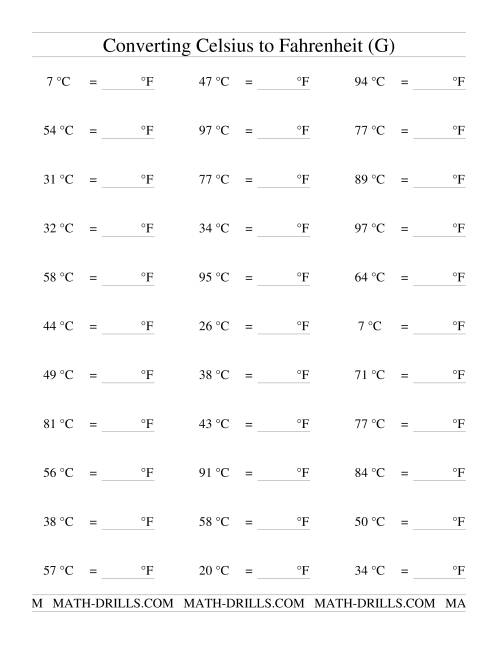 The Converting From Celsius to Fahrenheit (G) Math Worksheet