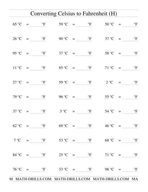 The Converting From Celsius to Fahrenheit (H) Math Worksheet