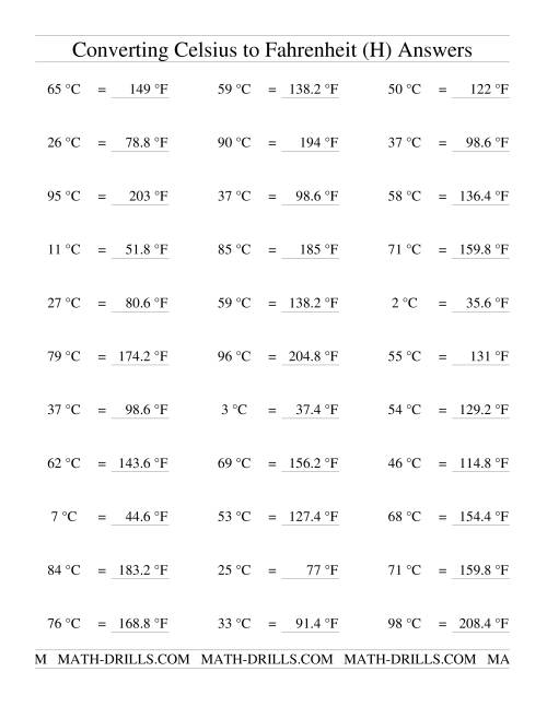 The Converting From Celsius to Fahrenheit (H) Math Worksheet Page 2
