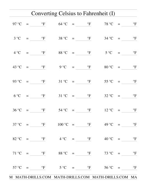 The Converting From Celsius to Fahrenheit (I) Math Worksheet