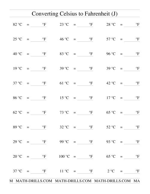 The Converting From Celsius to Fahrenheit (J) Math Worksheet