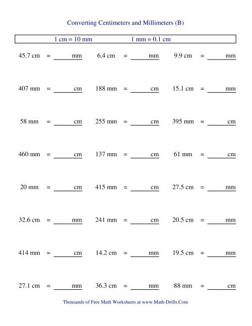 The Metric Conversion of Centimeters and Millimeters (B) Math Worksheet