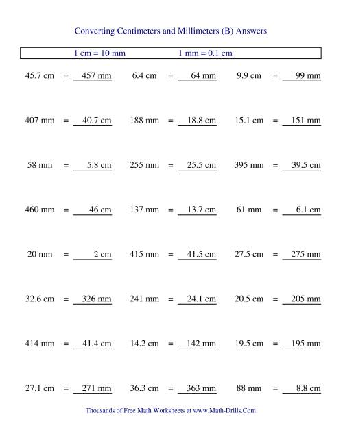 The Metric Conversion of Centimeters and Millimeters (B) Math Worksheet Page 2