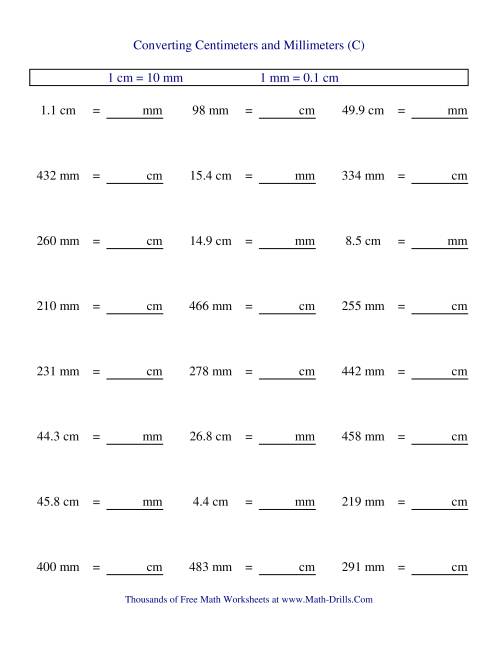 The Metric Conversion of Centimeters and Millimeters (C) Math Worksheet